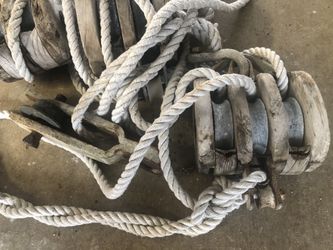 Set of 3 Antique Wooden Block Tackle Barn Boat Pulleys, Hook & Rope Rustic Works