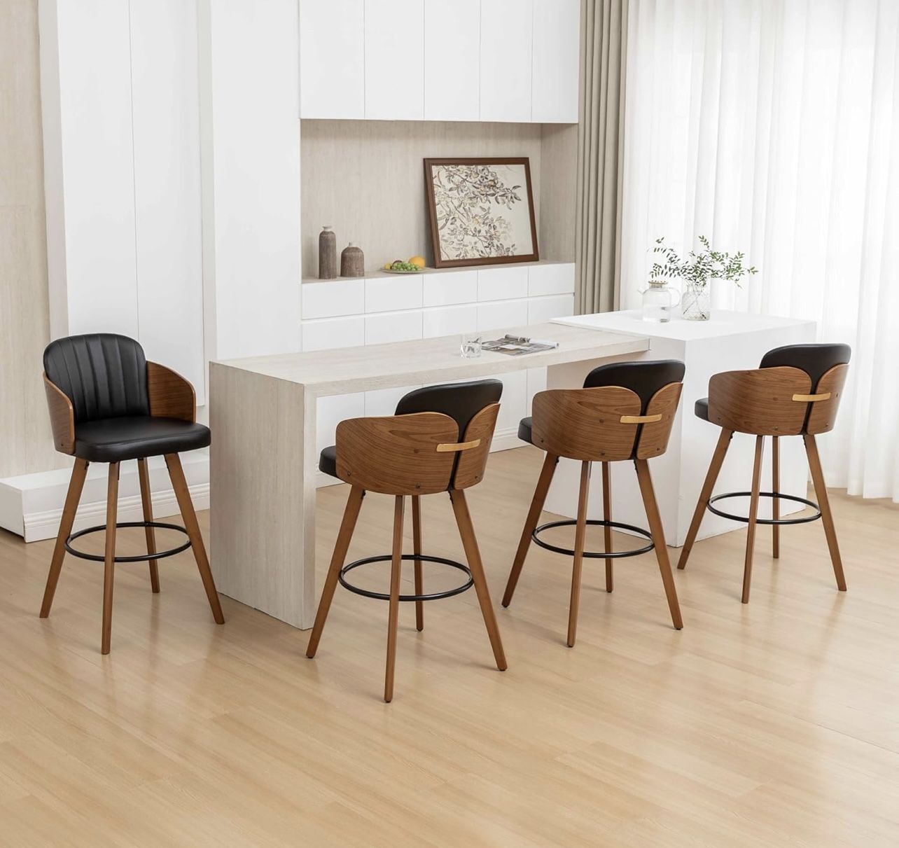 Height Bar Stools Set of 4, Swivel Bar Stools with Back and Arms Leather Barstools Upholstered Mid Century Counter Stools for Kitchen Island, 26 Inch