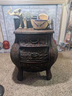 Vintage Dark Rattan Bombe 3-Drawer Chest - Boho Wicker Dresser with Floral Ring Pulls