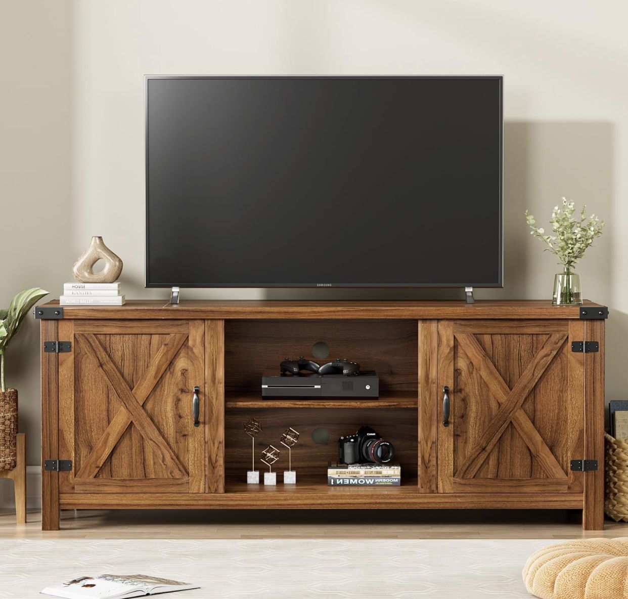 Modern Farmhouse TV Stand with Two Barn Doors and Storage Cabinets for Televisions up to 65+ Inch, Entertainment Center Console Table, Media Furniture