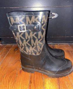 Michael Kors Women MK Logo Mid Rain Boots Rubber Bootie Black Brown Us Size 7.5