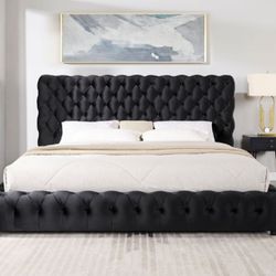 New Queen Size Dream Black Velvet Platform Bed With Mattress And Free Delivery