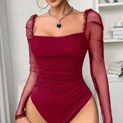 Sheer Material Burgundy Bodysuit 