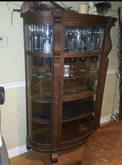 Antique Oak Curved Glass Curio. Tall With Claw Feet. Make offer.