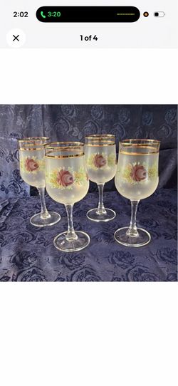 Set of 4 Luminarc France Frosted Floral Painted Stemmed Wine Glasses w/Gold Rim