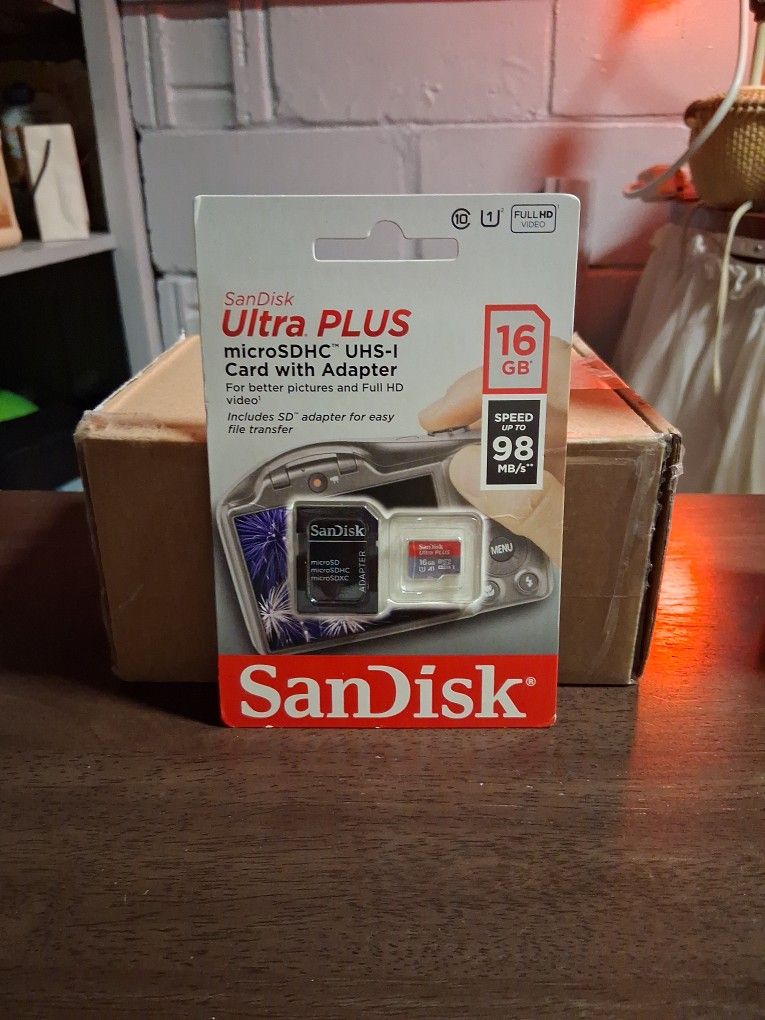 SanDisk Ultra PLUS Brand New MICROSDHC UHS-I CARD W ADAPTER 16 GB 98 SPEED SEALED