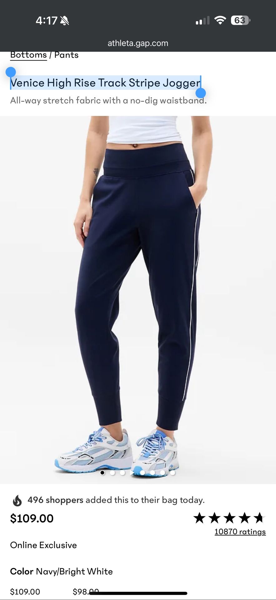 Athleta Venice High Rise Track Stripe Jogger in Size Small Navy