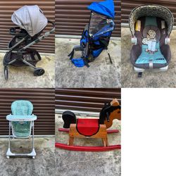 Stroller, Car Seat, High Chair, Backpack Carrier, Rocking Horse