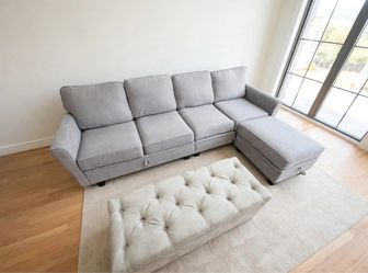 Gray Fabric Sectional Sofa with Chaise and middle ottoman
