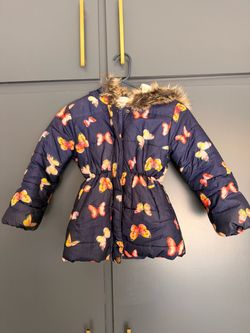 Girls Navy Butterfly Puffer Coat with Faux Fur Hood