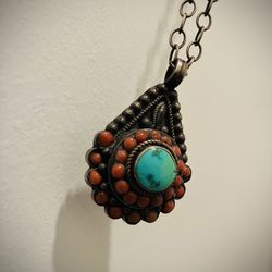 Turquoise & Coral Pendant/Link Chain 
