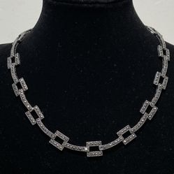Signed A 925 Sterling Silver & Marcasite 16" Buckle Link Chain Choker Necklace