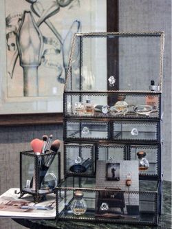 JCMAN Makeup Organizer Glass Large 4 Tier Brass Metal Cosmetic Storage Cube for Makeup，Brushes，Perfumes，Skincare