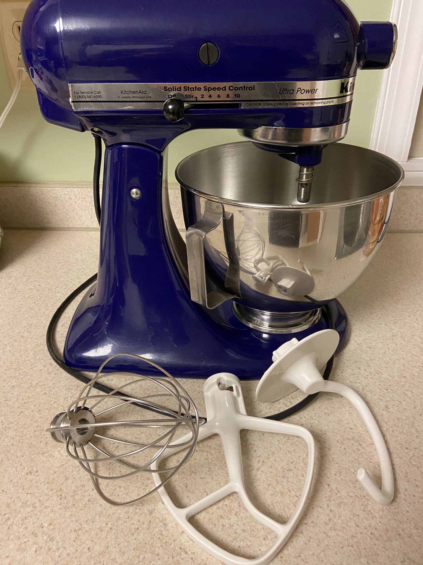 Cobalt Blue Kitchen Aid Ultra Power stand mixer with stainless bowl and 3 attachments.