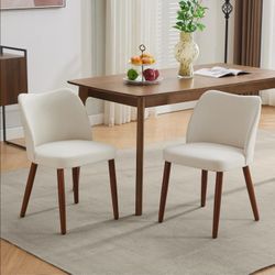 NEW Set of 2 Mid Century Modern Linen Dining Chairs with Wood Legs for Dining Room, White