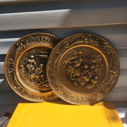 Vintage Embossed Brass Wall Hanging Plates - Set of 2