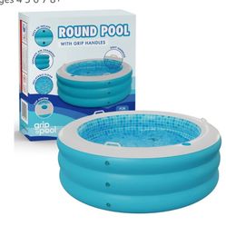Inflatable Round Swimming Pool with Blow Up Padded Floor, Cup Holder, Handles and Drain - 60"x22" Deep Round Large Kiddie Pool Perfect for Adults and 
