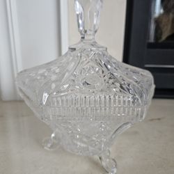 $25.00 - Vintage Footed Crystal Candy Dish, Matching Finial Lid/Hexagonal/Like New!