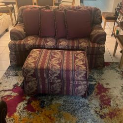 Vintage red fabric, Gold Leaf Couch W/ Ottoman