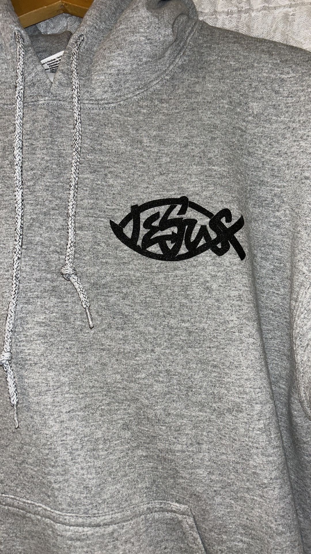 Gildan: Grey Jesus Hoodie, Front Pocket, Size: Medium, 50% Cotton 50% Polyester