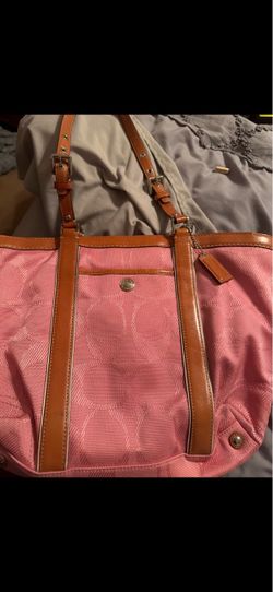 Coach signature jacquard leather trim tote
