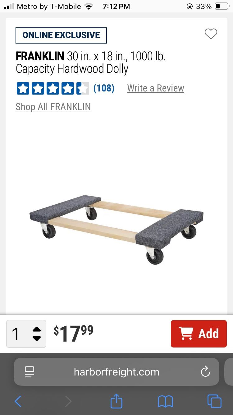 (2) FRANKLIN 30 in. x 18 in., 1000 lb. Capacity Hardwood Dolly