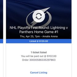 2 Tickets 4/25 To Tampa Lightning Vs Panthers 