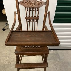 Antique Wooden baby High Chair Victorian Pressed Back Cane Seat Folk Art USA with lifting tray