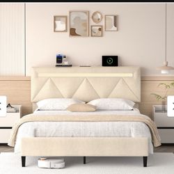 Beige King Size Bed Frame W/ LED Lights