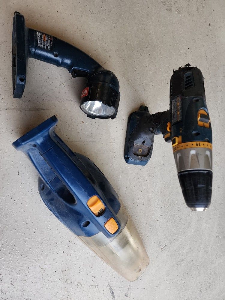 Ryobi 18v Hand Vacuum, Drill, Flashlight
