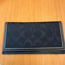 Coach Signature Black Long Wallet Canvas Leather Trim Pre-Owned