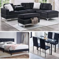 NEW 3 ROOM PACKAGE DEAL- BED MATTRESS DINING ROOM SECTIONAL SOFA AND MORE 