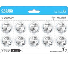 10-Pack CR2450 Coin Cell Battery, 3 Volt, Long Lasting Power, Mercury-Free, Child-Safe Package, for Key Fob, Door Sensor, Security System and More
