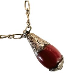 Vintage  Tibetan   sterling silver  coral bead  pendant necklace