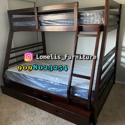 Twin/Full Expresso Bunk bed w. Drawers & Ortho Mattresses Included 