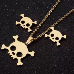 Stainless Steel Gold Plated Skull Earrings, Necklace Set With Rolo Chain Women