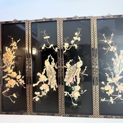 Panel Wall Hangings, Oriental Shell Art, Black Lacquer, Home Decor, Wall Art, Mother of Pearl Shells