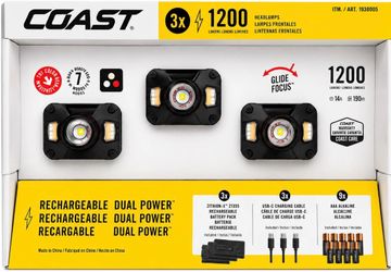 COAST CH1200R Rechargeable Dual Power LED Headlamp 3-Pack, 1200 Lumens, USB-C Rechargeable, Tri-Color Light Modes, Adjustable Focus Beam