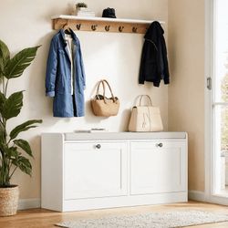 White 2 Flip Drawers Shoe Bench