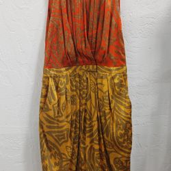 Vintage 1980's Anne Klein 100% SILK Dress Size 6 Six Gathered Accents w Pockets Tribal Orange Gold 2 Way Patterned Fabric Made In Hong Kong Stunning!!