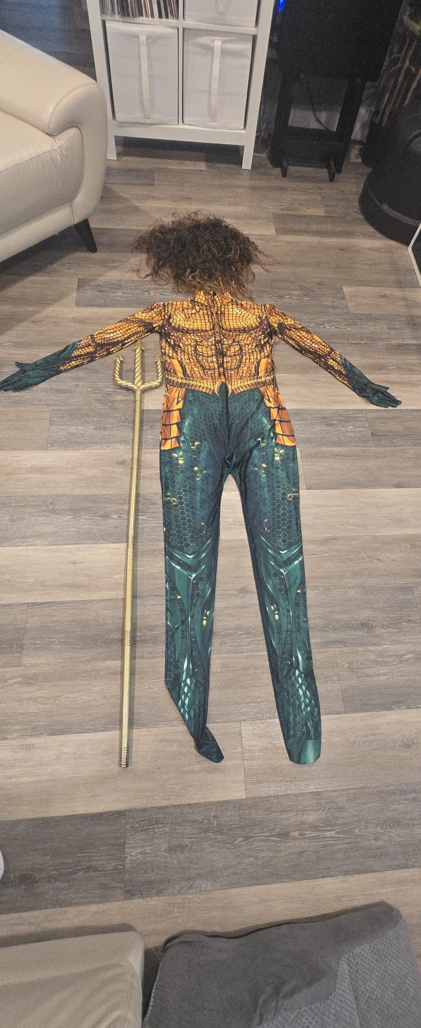 Adult Male One Piece Aquaman Costume Complete With Gloves And Foot Enclosures As Well As Wig And Trident Halloween Costume