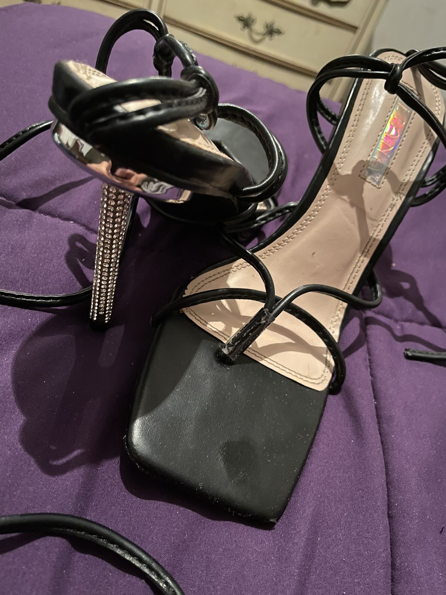 Strappy Black Rhinestone Heels β Size 8