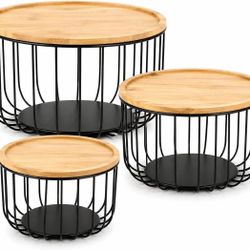 FUYIHGL® 3-Pack Metal Fruit Basket for Kitchen Counter with Bamboo Lids - Round Wire Vegetable Storage Bowls for Onions, Potatoes, Bread & Snacks - St
