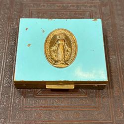 Antique Virgin Mary Brass Turquoise Blue Enamel Case & Glass Bead Rosary
