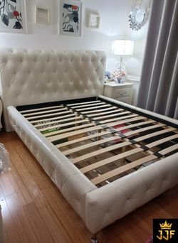 Used Upholstered Bed Frame with Diamond Headboard – Queen Size – 94” L x 80” W