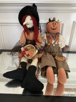 Rare Folk Art Halloween Witch & Pumpkin Man Doll Set – Primitive Halloween Decor