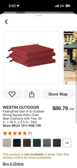 FadingFree (Set of 4) Outdoor Dining Square Patio Chair Seat Cushions with Ties, 20 in. x 18 in. x 2.5 in., Red