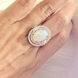 NWOT White FireOpal Halo Retro Silver Tone with CZ Engagement Ring in 7