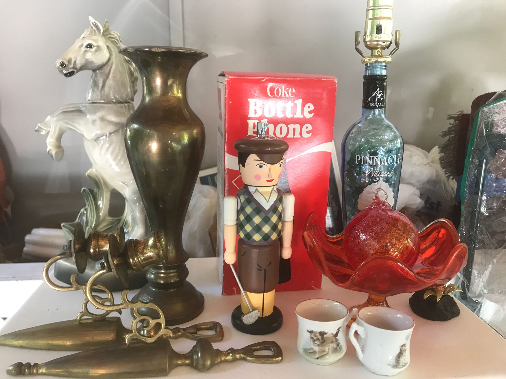 Coke phone horse decanter lamp red glass brass pieces