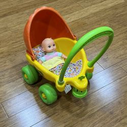 Vintage 1979 Lil Lady Buggy Toy Doll Stroller With Working Bell - Includes Baby Doll